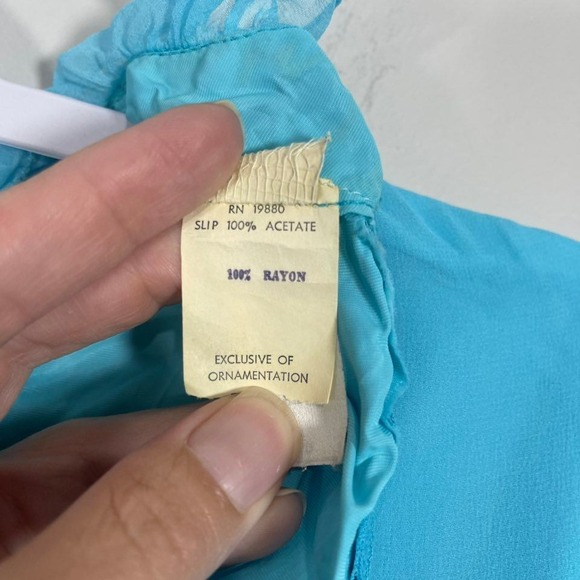 VTG 1960s Floral Chiffon Maxi Dress Womens Medium Blue Pink Buttons Ruffles - Picture 9 of 11